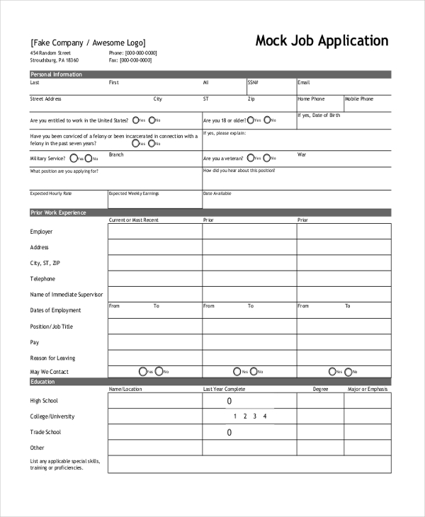 Free 10 Sample Blank Job Application Forms In Pdf Ms Word Excel 9618