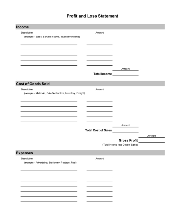 blank profit and loss form