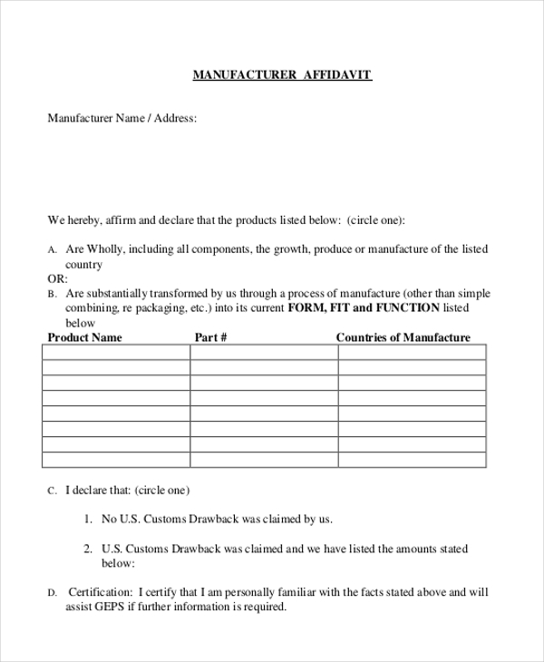 blank manufacturer affidavit form