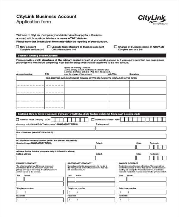 business account application form
