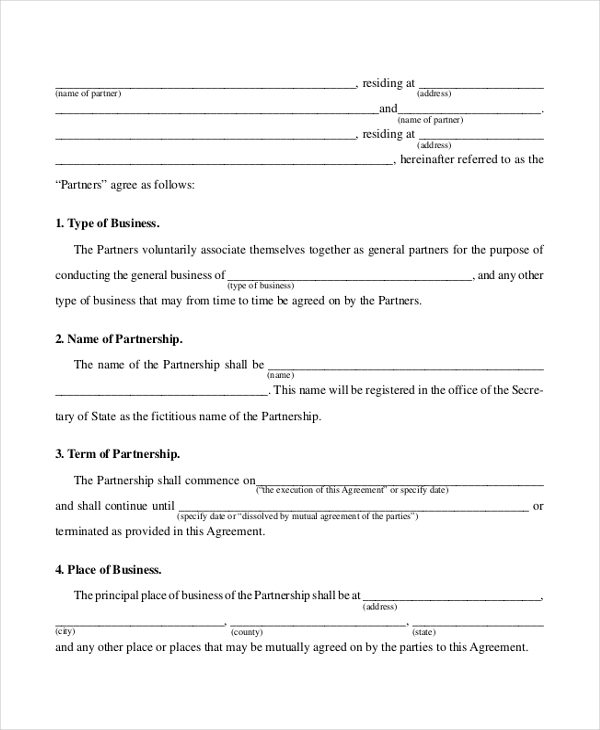 business partnership agreement form