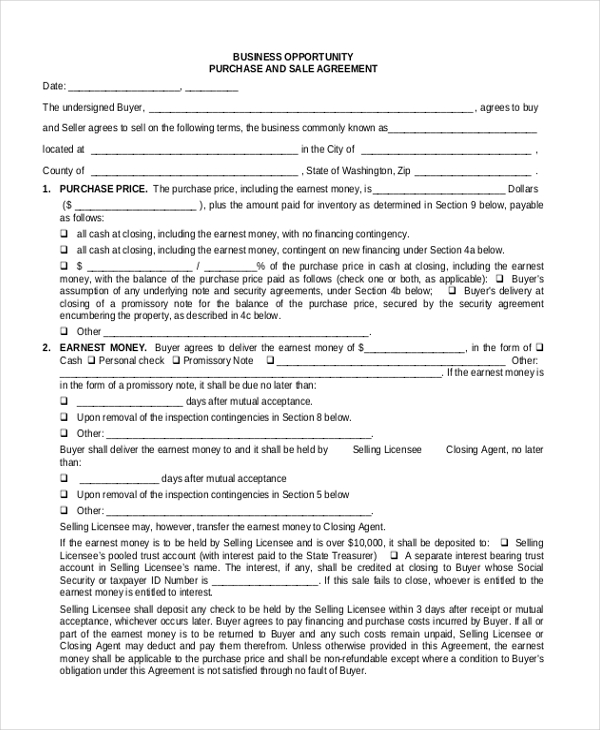 business purchase sale agreement form