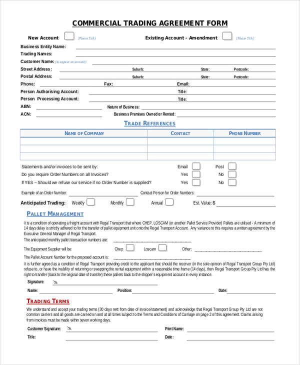 commercial trading agreement form