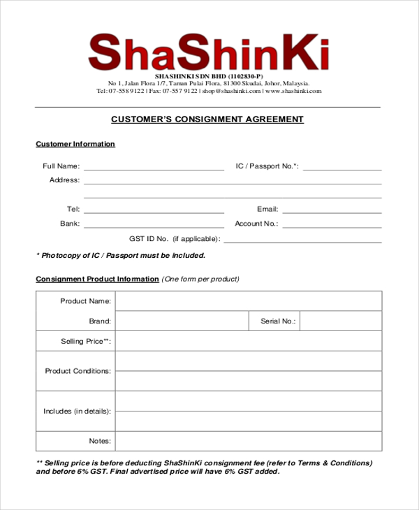 customer’s consignment agreement
