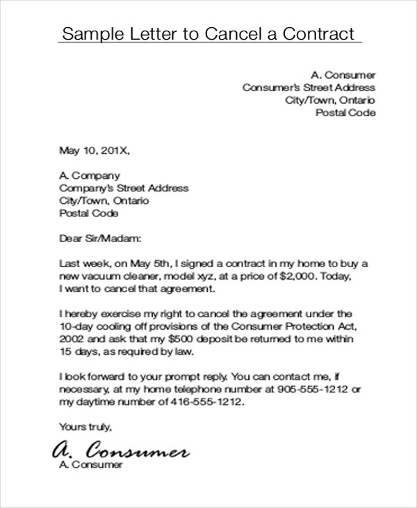 Cancel Contract Letter Sample