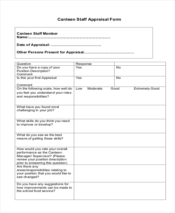 canteen staff appraisal form