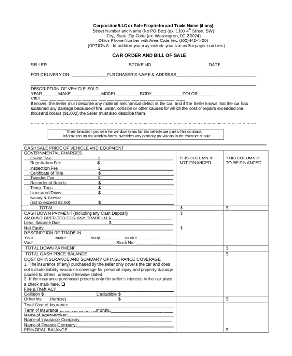 car bill of sale example