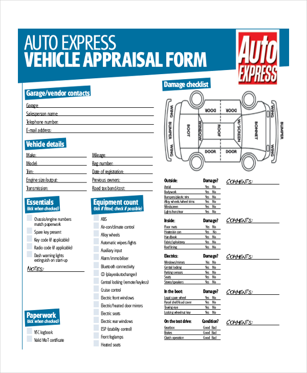 car part exchange appraisal form