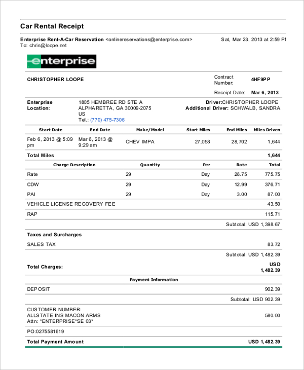 Enterprise Car Rental Receipt Template