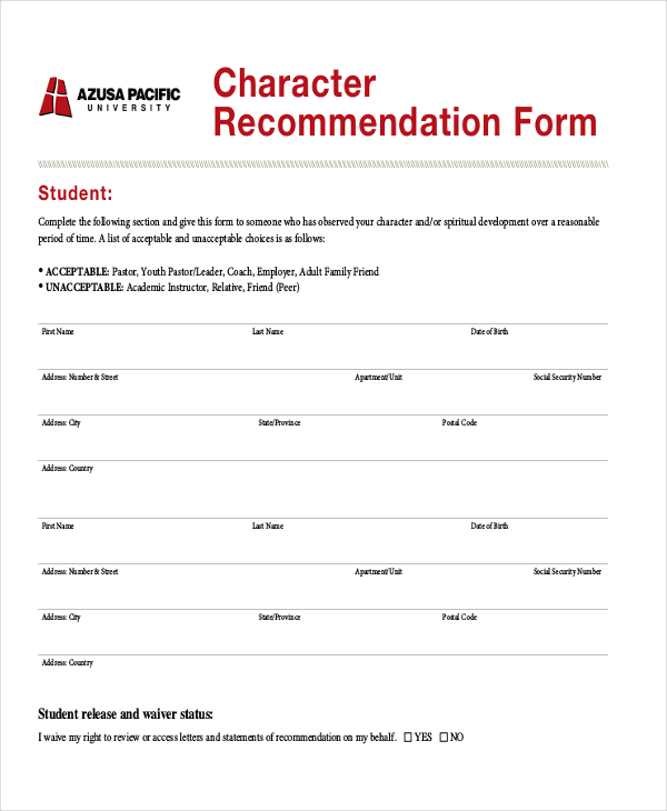 Letter of Recommendation Character Reference