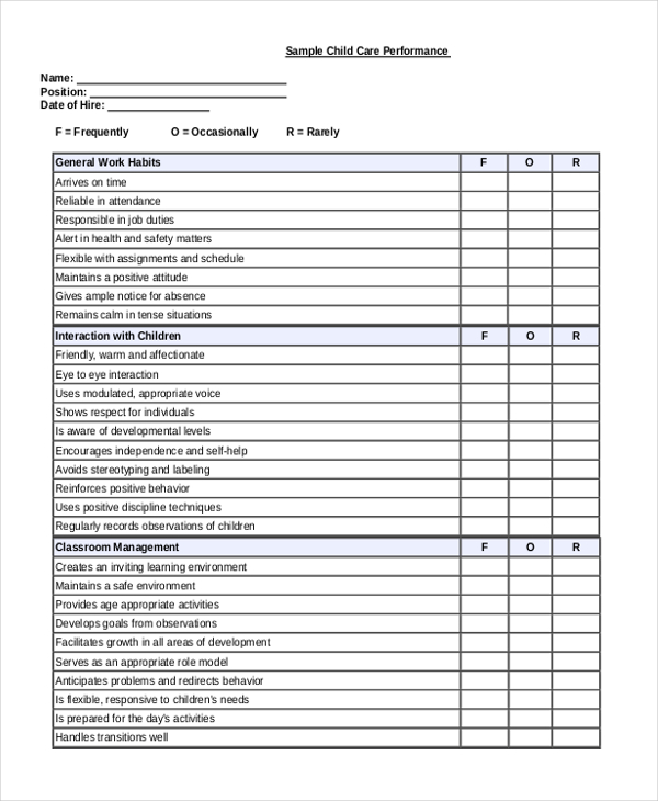 child care teacher appraisal form