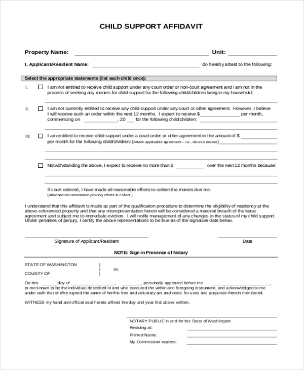 child support affidavit form