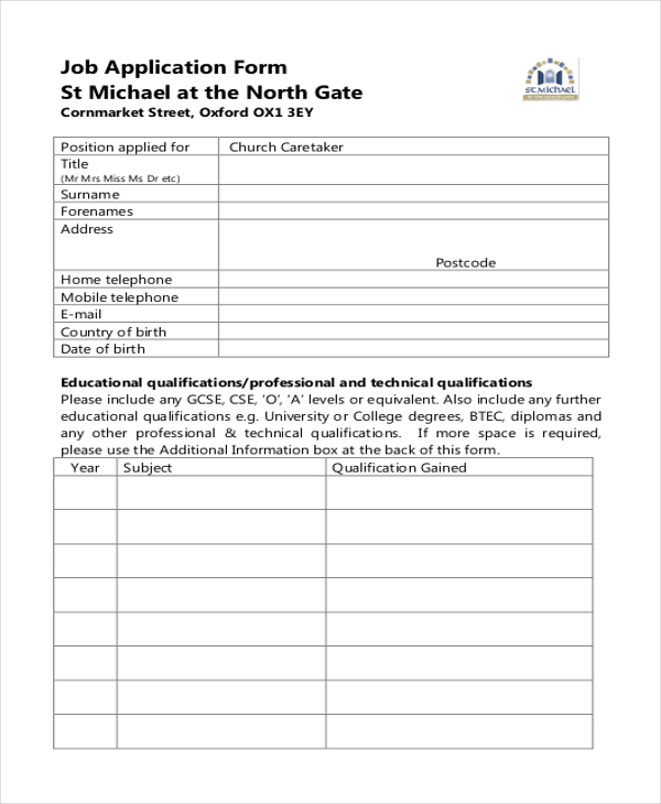 church caretaker job application form