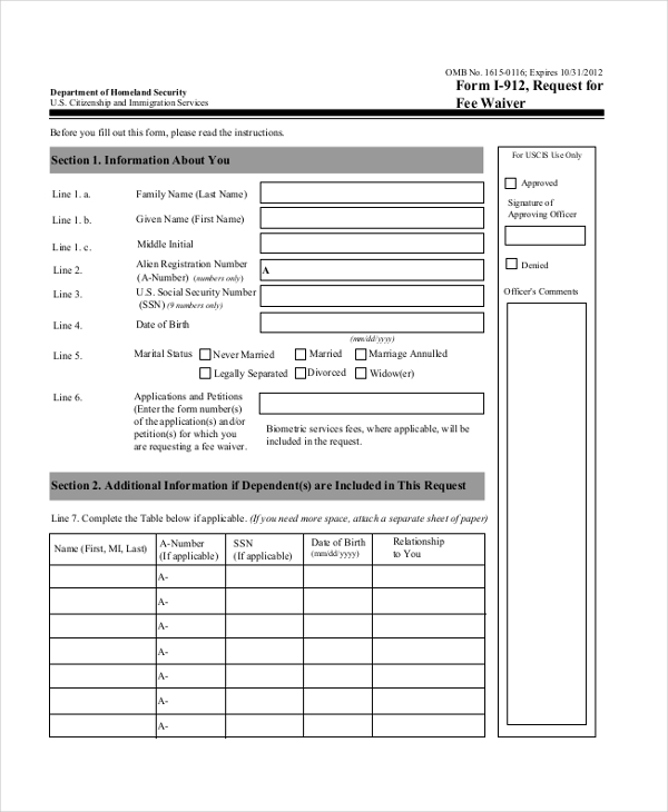 Application for waiver of fees