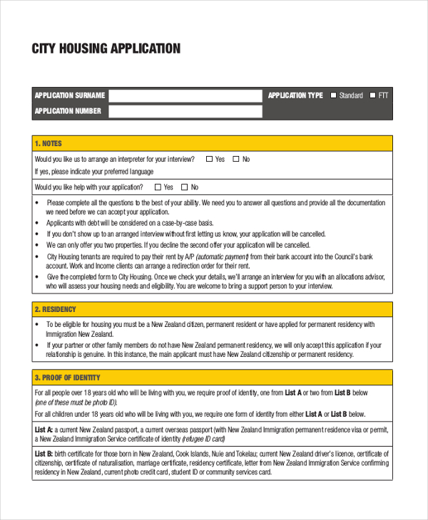 city housing application form