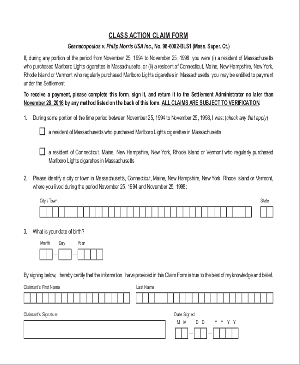 class action claim form