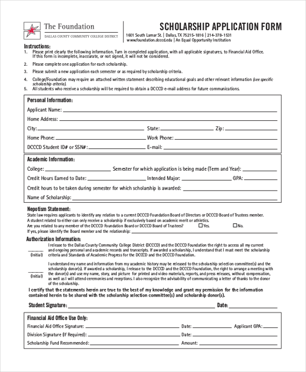 college scholarship application form