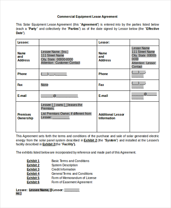 commercial equipment lease agreement form