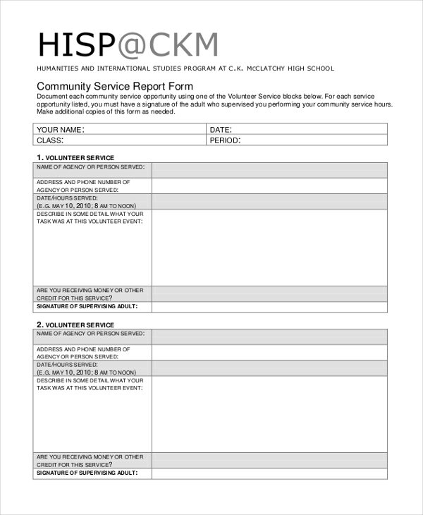 community service report form