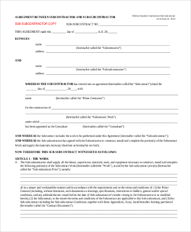 contract for subcontractor agreement