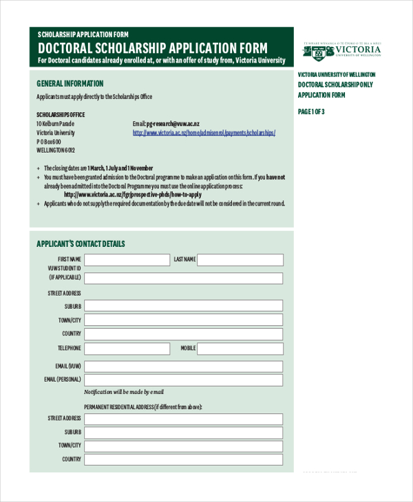 doctoral scholarship application form