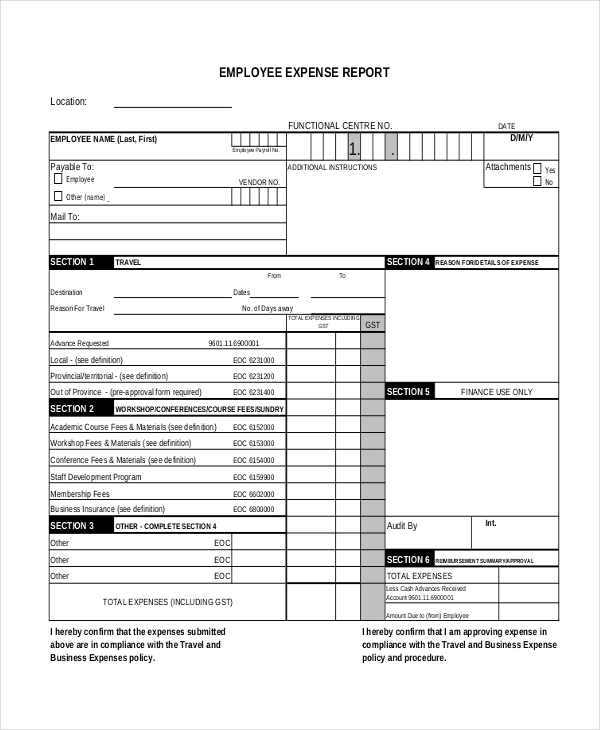employee expense accounting report form