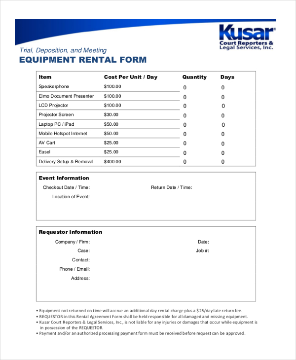 equipment rental receipt