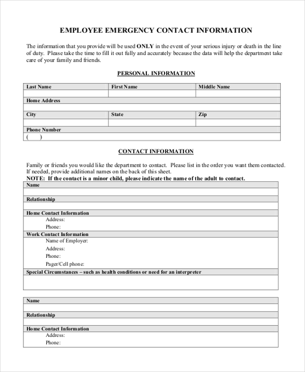 emergency contact information form for employees