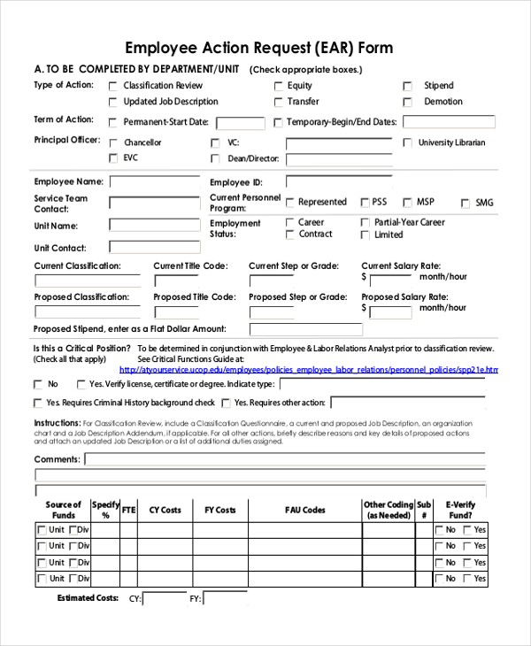 employee action request form