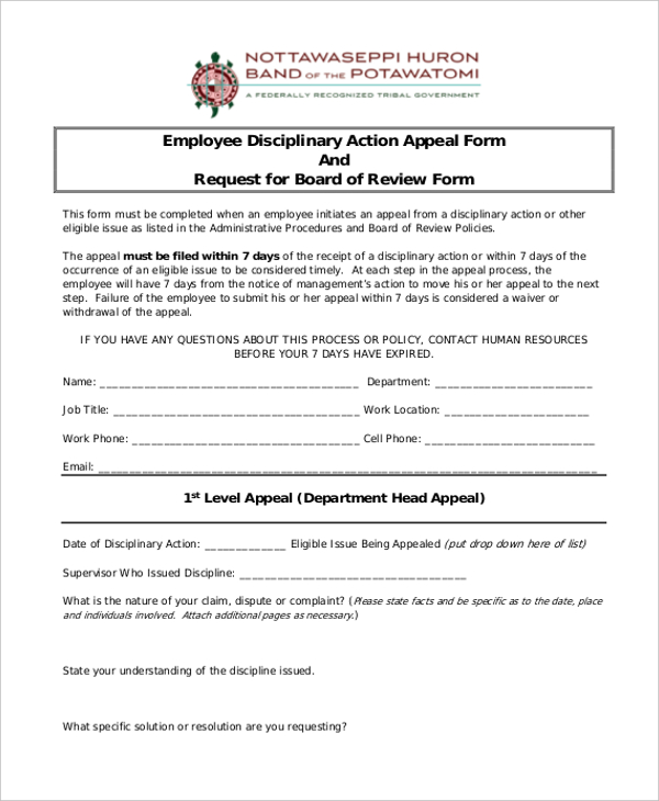 employee disciplinary action appeal form