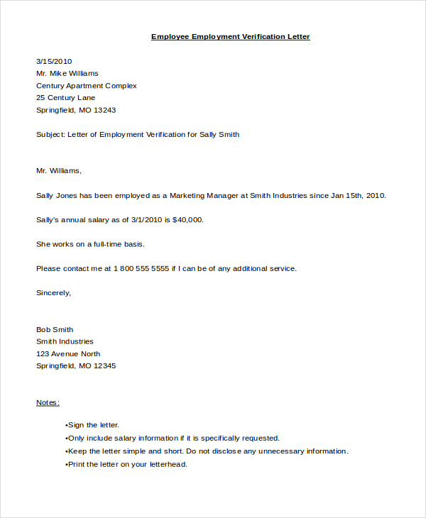 sample employment verification letter