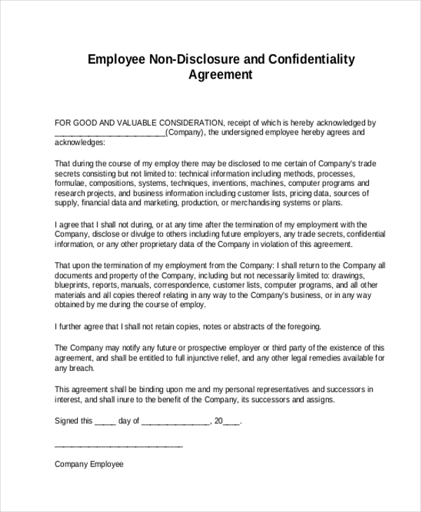 employee non disclosure and confidentiality agreement