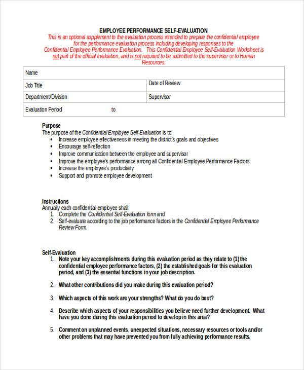 Free 9 Sample Self Evaluation Forms In Pdf Ms Word