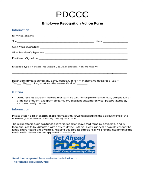 employee recognition action form