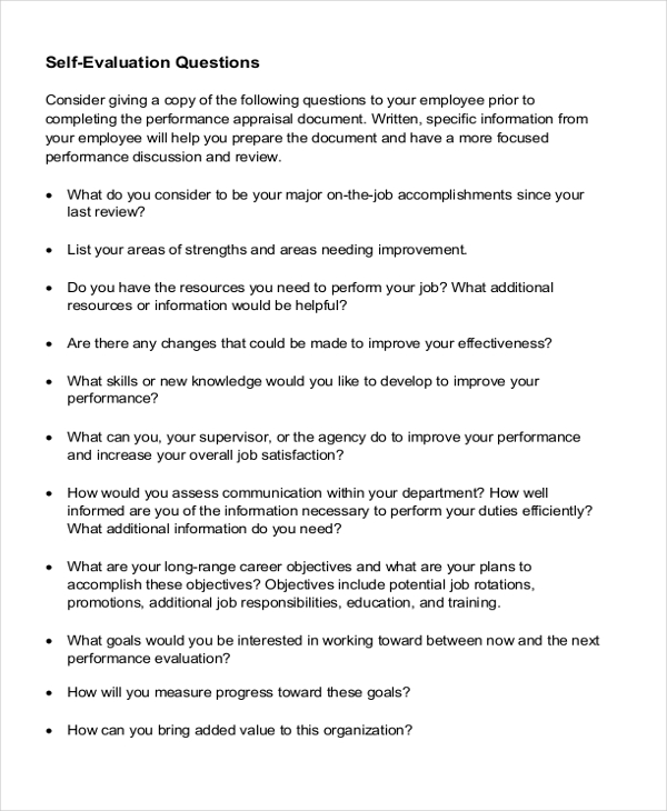 employee self evaluation questionnaire
