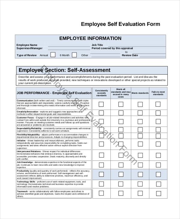 Free 8 Sample Employee Self Evaluation Forms In Pdf Ms Word 8047