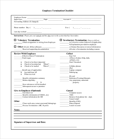 Employee Termination Checklist Form