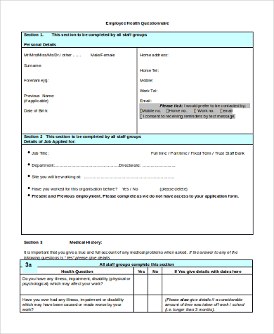 employment health questionnaire form