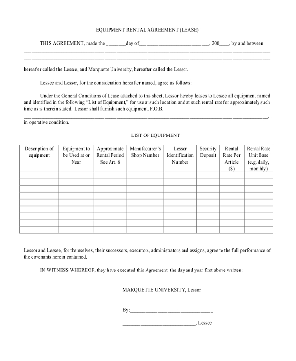 equipment renters agreement