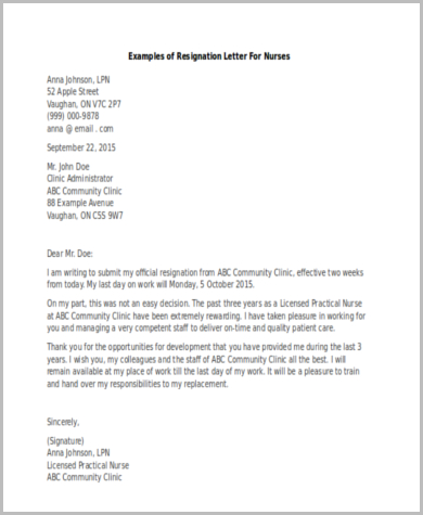 Resignation Letter Example Nursing from images.sampleforms.com