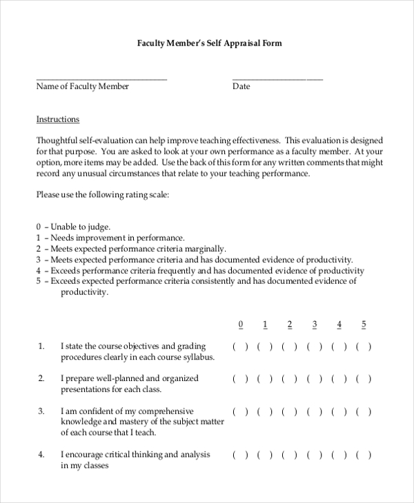 Free 11 Sample Self Appraisal Forms In Pdf Ms Word Excel