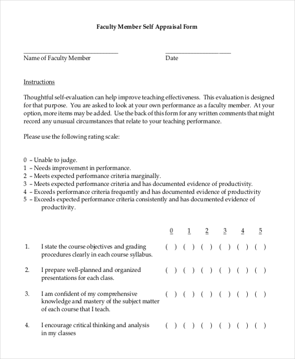 faculty member self appraisal form