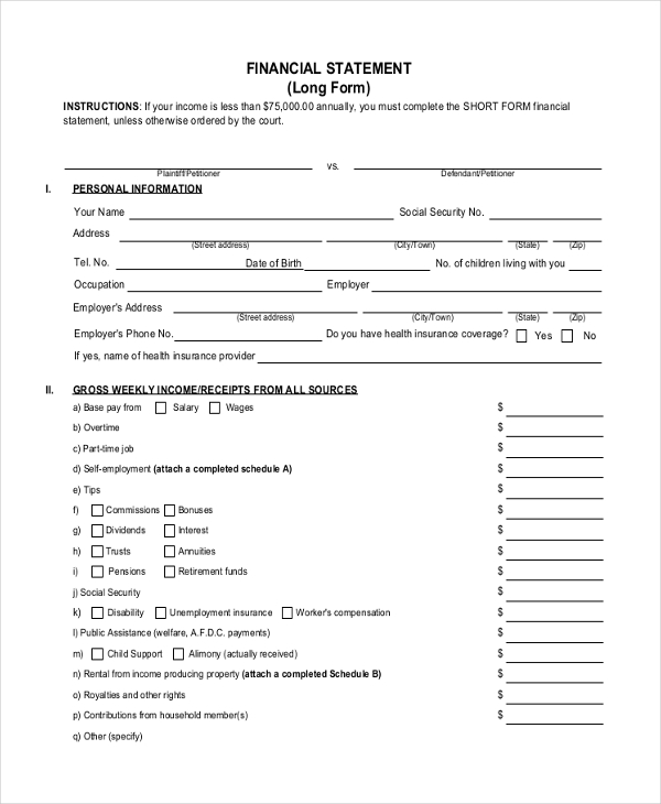Financial Affidavit Long Form Florida Fillable Printable Forms Free 