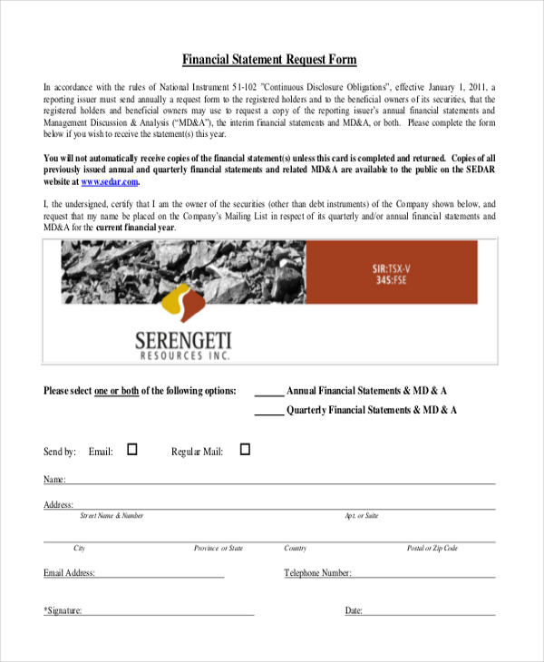 financial statement request form