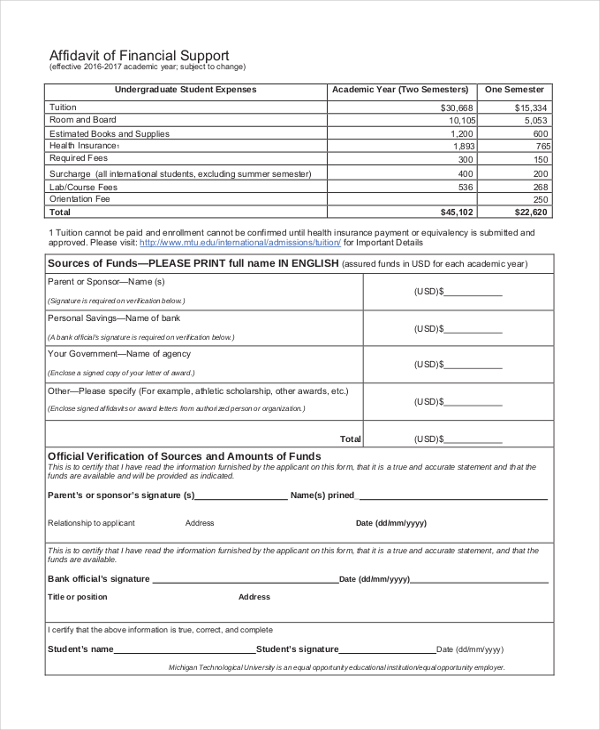 financial support affidavit form