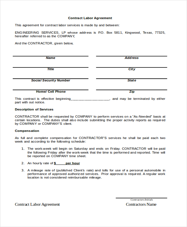 form template labor contract Agreement Contract in Pages Sample   FREE 7  PDF  Forms WORD