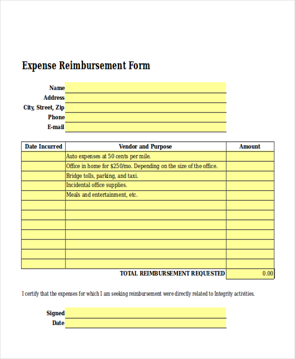 free expense reimbursement form for excel