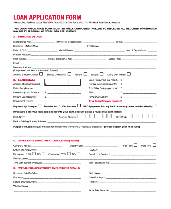 Bank loan application form sample