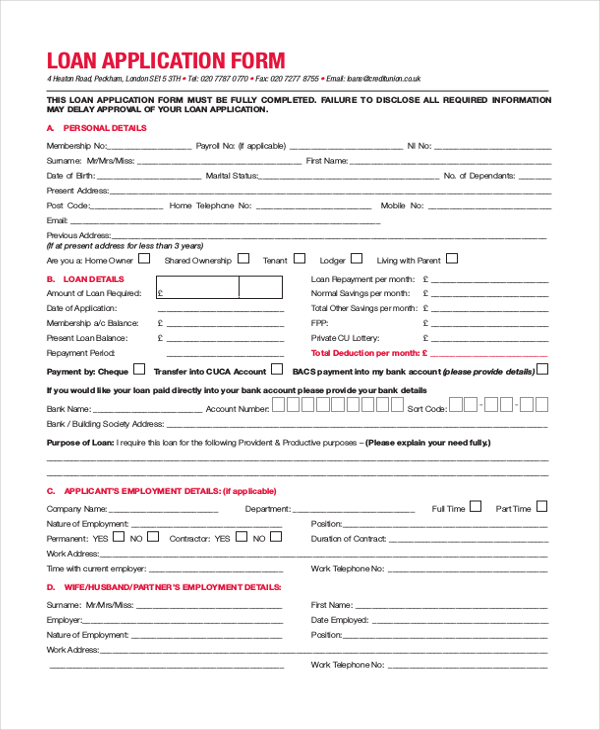 FREE 11+ Sample Loan Application Forms in PDF | Excel | MS Word