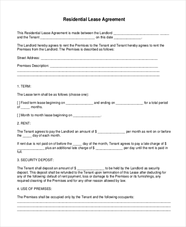 Free Printable Residential Lease Agreement